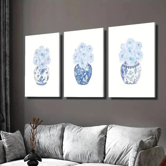 3pcs Blue and White Porcelain Rose Vase Wall Art Set Canvas Framed 40x60cm - High Quality Print 100% Australian Made Wall Canvas Ready to Hang