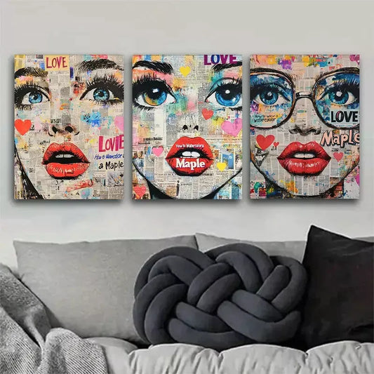 3pcs Pop-Art Style Female Face Triptych  Wall Art Set Canvas Framed 40x60cm - High Quality Print 100% Australian Made Wall Canvas Ready to Hang