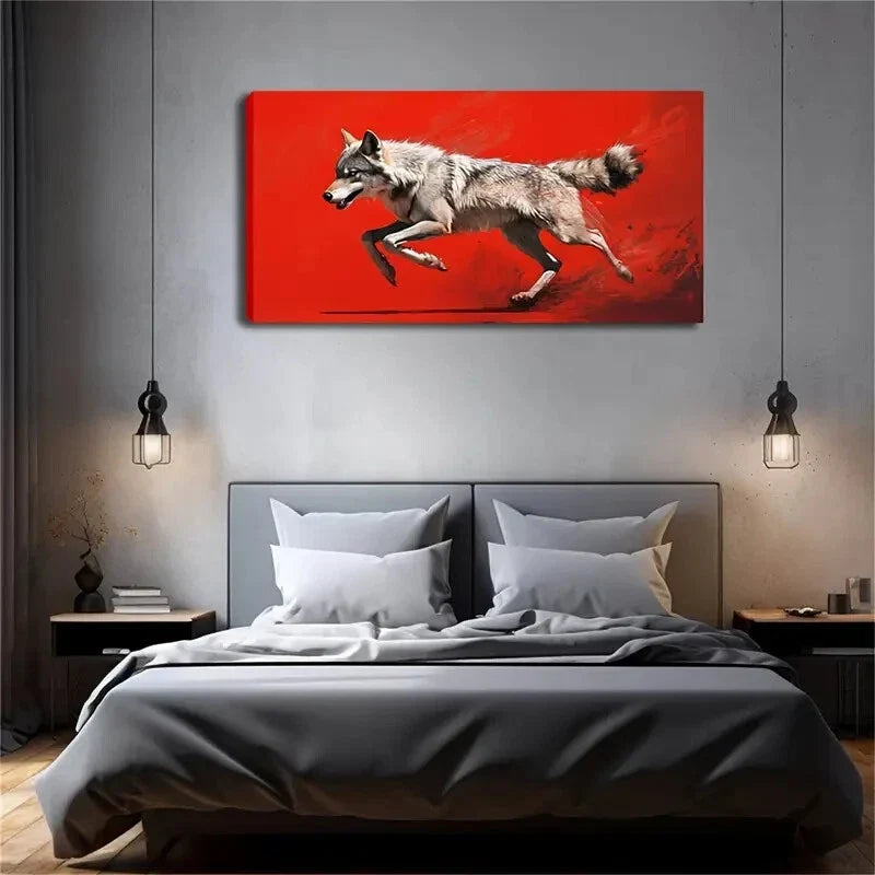 Wolf Motion With Red Abstract Wall Art Canvas Office Home Room Framed 120x60cm