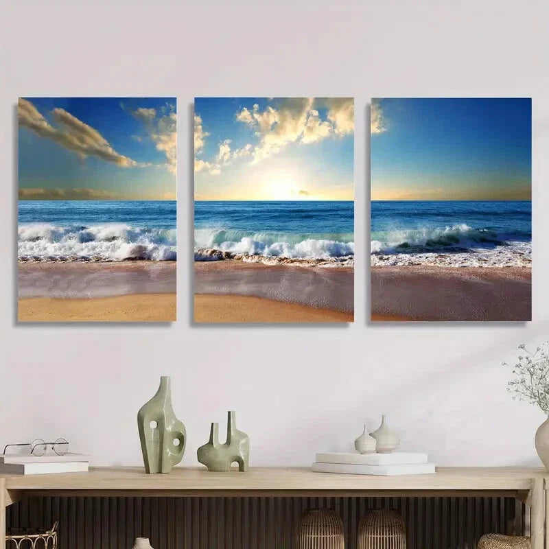 3pcs blue sea, warm sky, Metal Print Ready to Hang Art