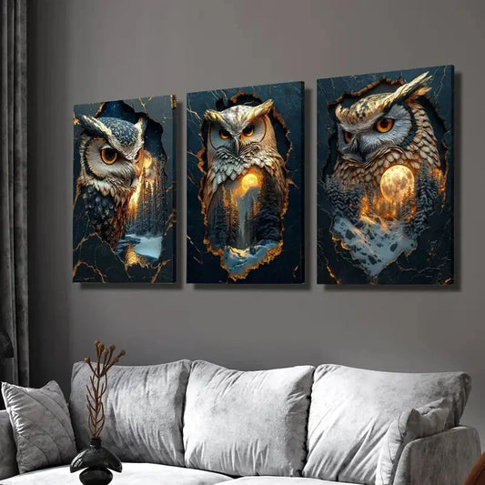 3pcs Mystical Fantasy Owl Guardian Portrait Wall Art Set Canvas Framed 40x60cm - High Quality Print 100% Australian Made Wall Canvas Ready to Hang