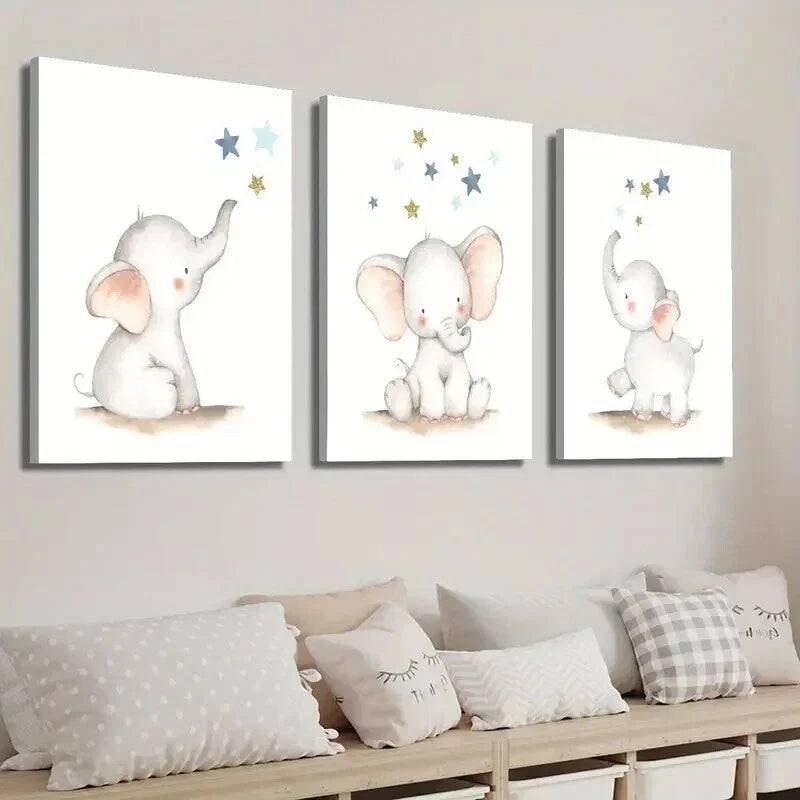 3pcs Elephant Star Art Cute Elephant Wall Art Set Canvas Framed 40x60cm - High Quality Print 100% Australian Made Wall Canvas Ready to Hang
