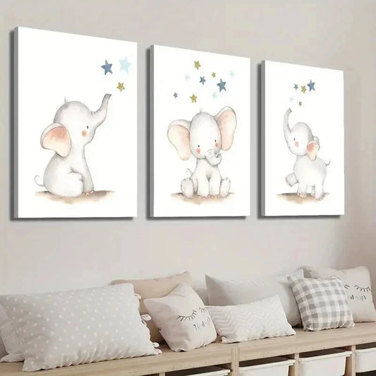 3pcs Elephant Star Art Cute Elephant Wall Art Set Canvas Framed 40x60cm - High Quality Print 100% Australian Made Wall Canvas Ready to Hang