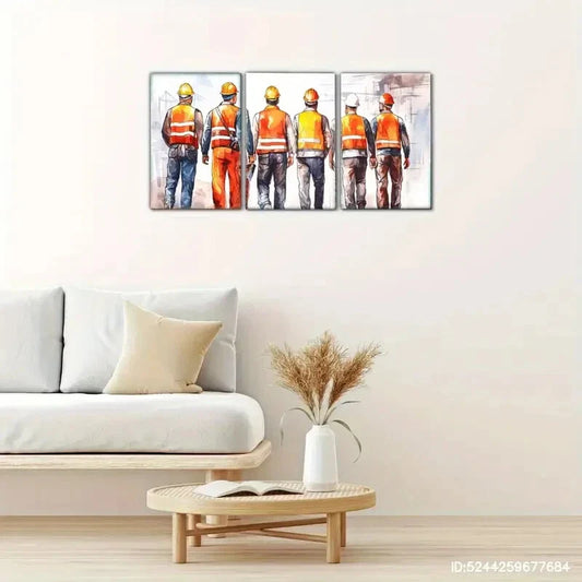 3pcs Architectural Wall Art with Helmeted Workers Metal Print Ready to Hang Art