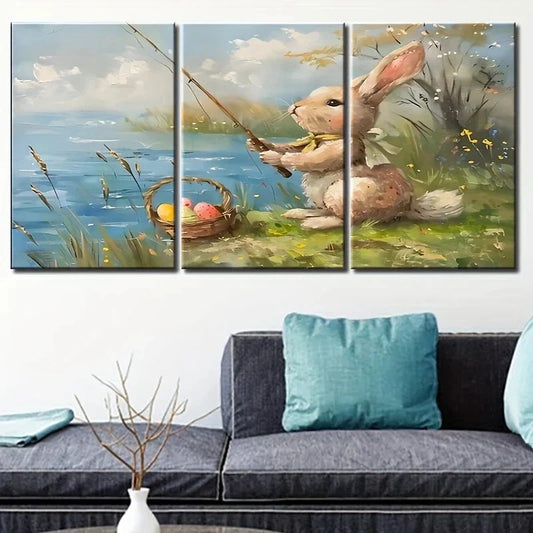 3pcs Cute Bunny Fishing Nature River Green Grasses Metal Print Ready to Hang Art