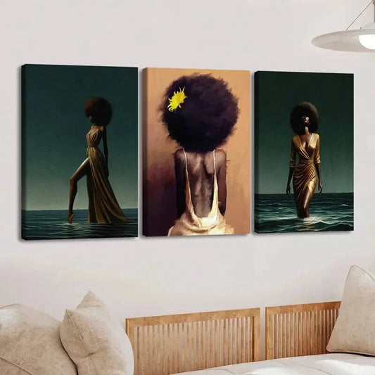3pcs Fashion Artwork Beach Scenes Black Figures Wall Art Set Canvas Framed 40x60cm - High Quality Print 100% Australian Made Wall Canvas Ready to Hang