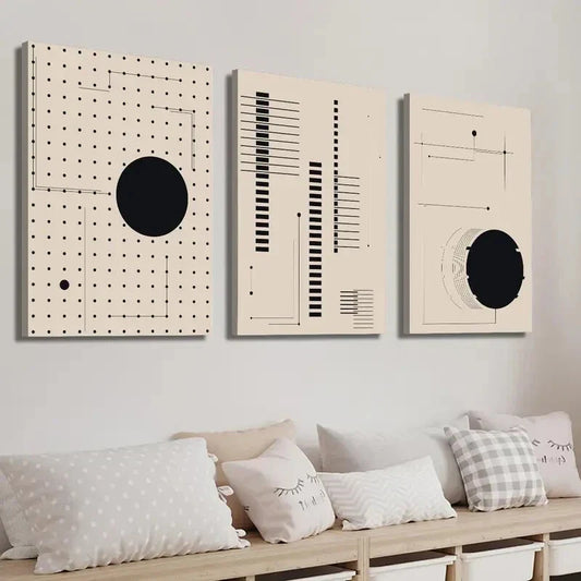 3pcs Black & Beige Geometric Line Wall Art Set Canvas Framed 40x60cm - High Quality Print 100% Australian Made Wall Canvas Ready to Hang