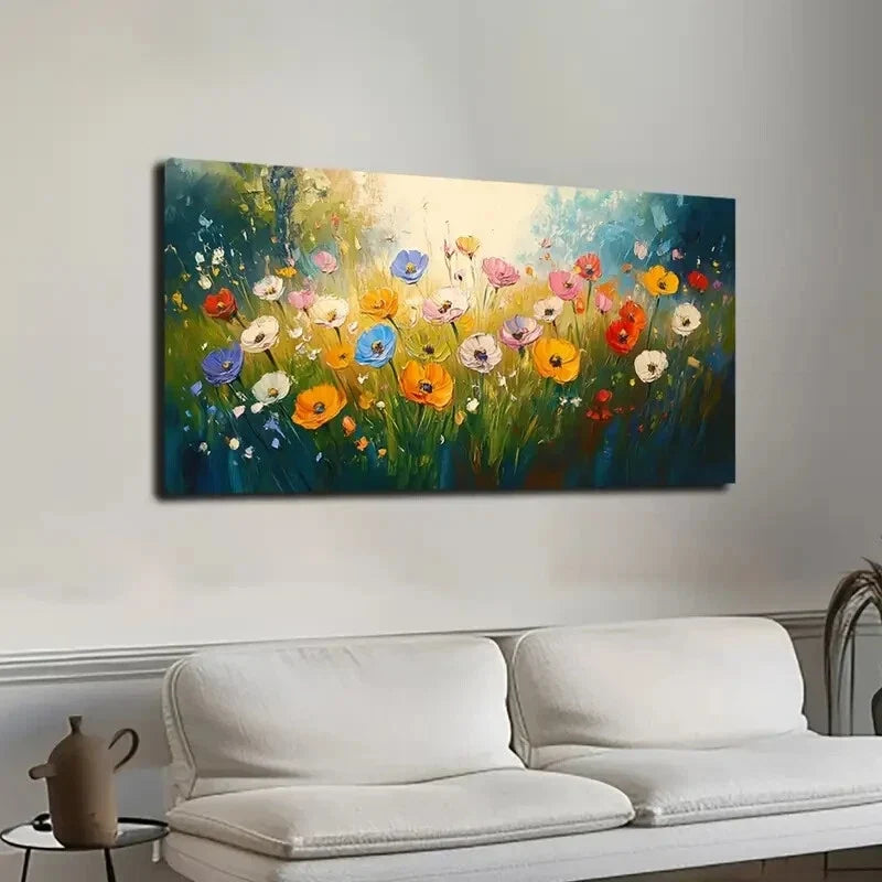 Wildflowers in Pastel Landscape Wall Art Canvas Office Home Room Framed 120x60cm