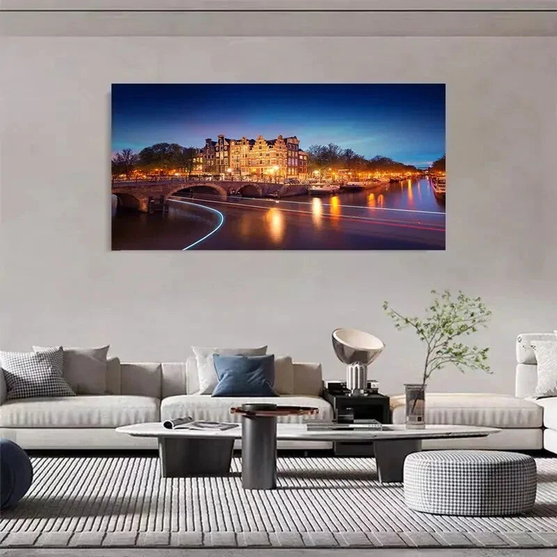 Dutch Cities Cityscape Canals Wall Art Canvas Office Home Room Framed 120x60cm