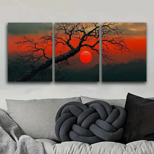 3pcs  The Red Sun Tree Art Painting Metal Print Ready to Hang Art