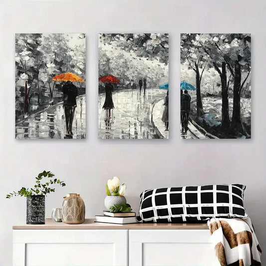 3pcs Black and White Rainy Umbrella Metal Print Ready to Hang Art