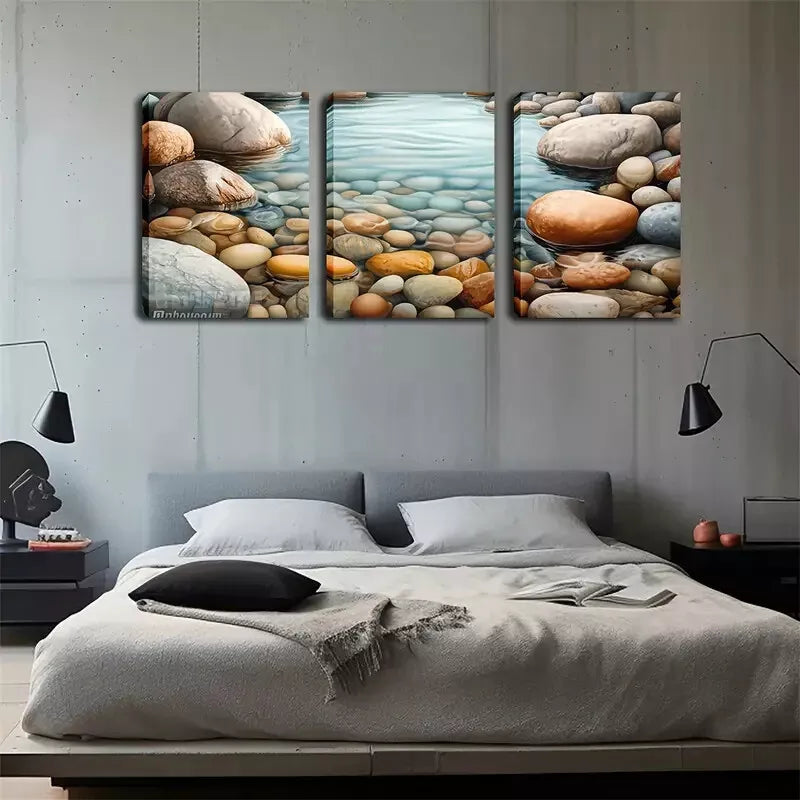 3pcs Oil Painting, Pebbles And Streams, Wall Art Set Canvas Framed 40x60cm - High Quality Print 100% Australian Made Wall Canvas Ready to Hang