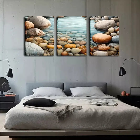 3pcs Oil Painting, Pebbles And Streams, Wall Art Set Canvas Framed 40x60cm - High Quality Print 100% Australian Made Wall Canvas Ready to Hang