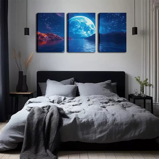 3pcs  Large Moon On The Sea Level   Wall Art Set Canvas Framed 40x60cm - High Quality Print 100% Australian Made Wall Canvas Ready to Hang