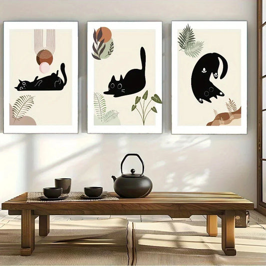 3pcs Leaves And Cute Cats Artwork Metal Print Ready to Hang Art