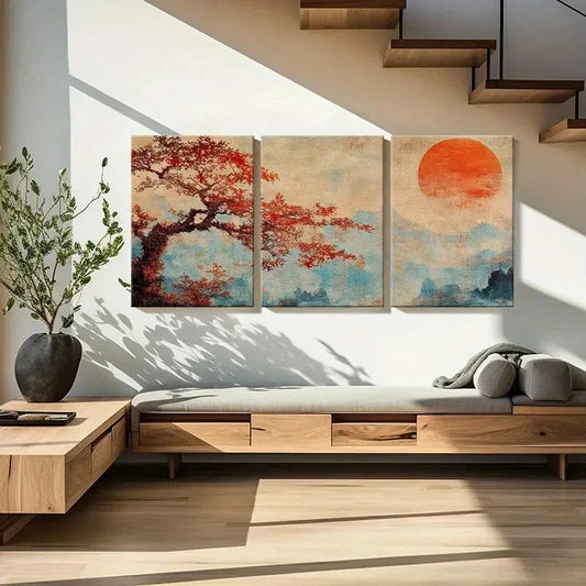 3pcs Serene Landscape with Orange Sun & Mountain Metal Print Ready to Hang Art