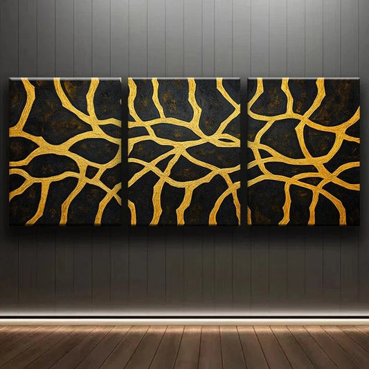 3pcs Abstract Black & Golden Lines Metal Print Ready to Hang Art