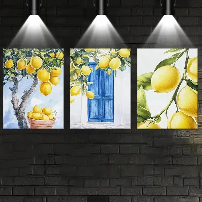 3pcs Lemon with Blue Window & Basket Metal Print Ready to Hang Art