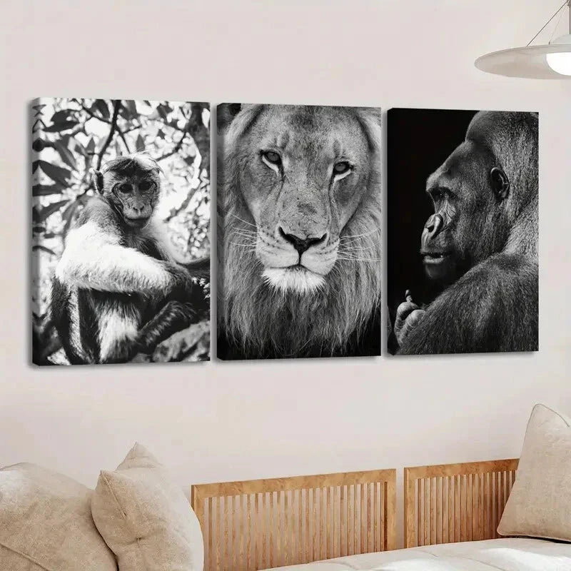 3pcs Vintage Black Animal Monkey Lion & Gorilla Wall Art Set Canvas Framed 40x60cm - High Quality Print 100% Australian Made Wall Canvas Ready to Hang