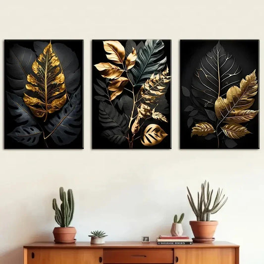 3pcs Dark Golden Luxury Leaf Pattern Metal Print Ready to Hang Art