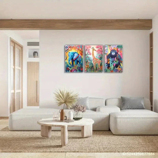 3pcs Chimpanzee Elephant Giraffe Colorful Animals Metal Print Ready to Hang Art