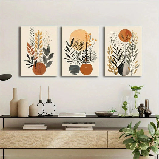 3pcs Bohemian Botanical Flowers Black Beige Metal Print Ready to Hang Art