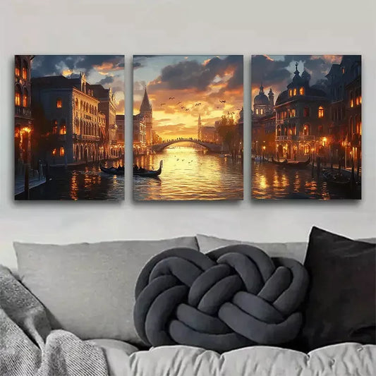 3pcs Venice Canals at Sunset Triptych Wall Art Set Canvas Framed 40x60cm - High Quality Print 100% Australian Made Wall Canvas Ready to Hang