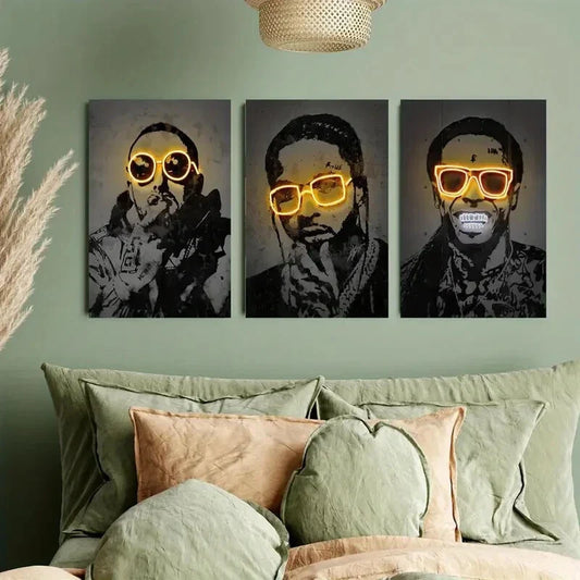 3pcs Retro-Inspired Neon with Glasses Design Metal Print Ready to Hang Art