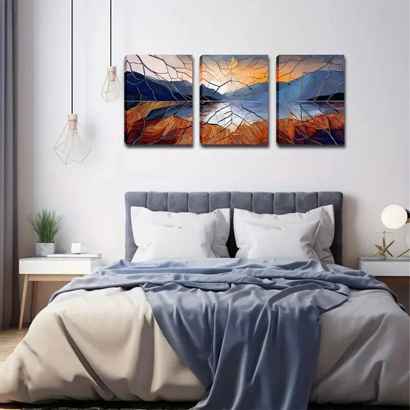 3pcs Cracked Sunrise Over a Mountain Lake Wall Art Set Canvas Framed 40x60cm - High Quality Print 100% Australian Made Wall Canvas Ready to Hang