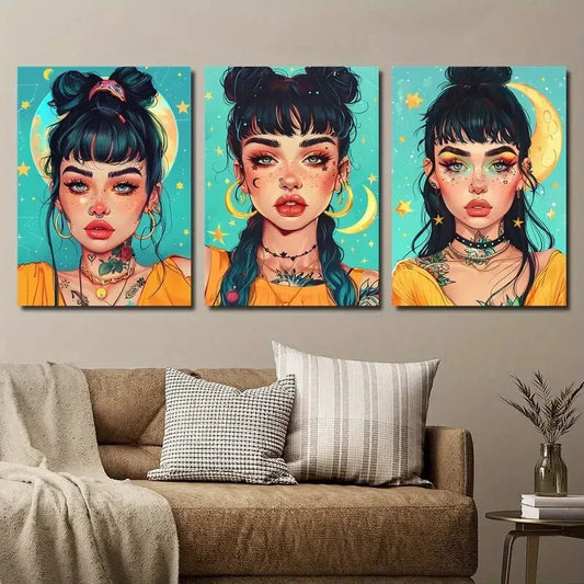 3pcs Space Tattoo Woman Anime Style Character Metal Print Ready to Hang Art