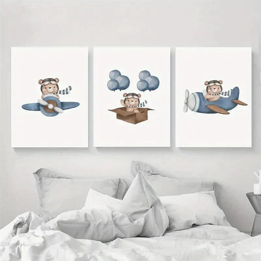 3pcs Watercolor Plane Painting Metal Print Ready to Hang Art