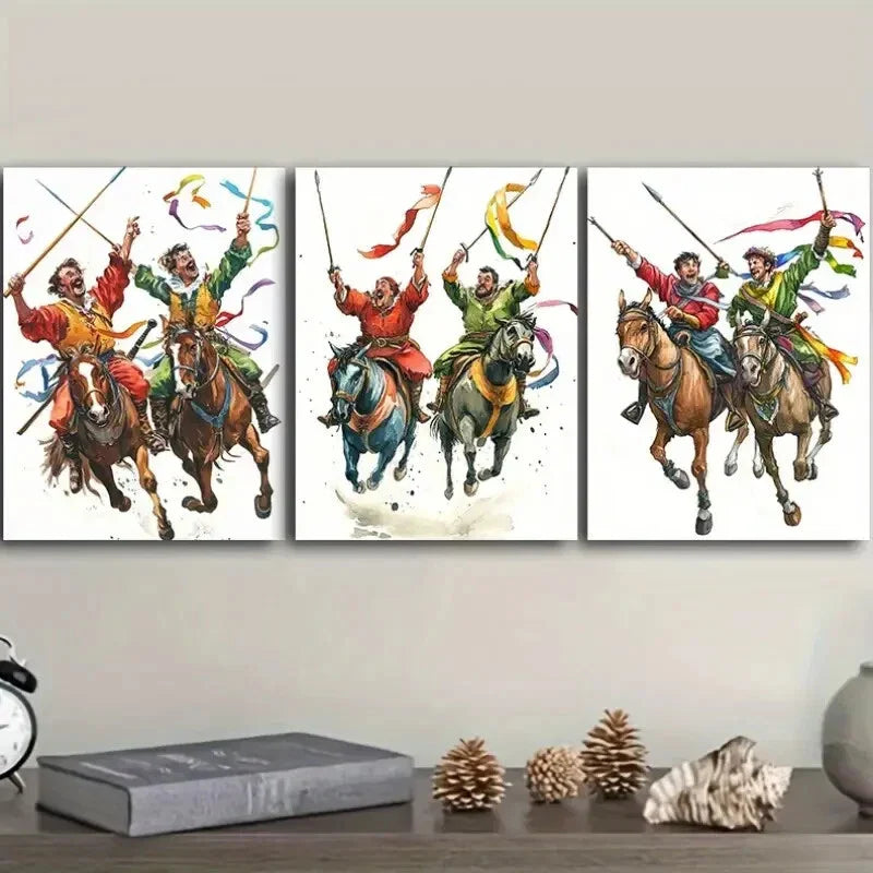 3pcs Dynamic Horseback Warrior Scene Wall Art Set Canvas Framed 40x60cm - High Quality Print 100% Australian Made Wall Canvas Ready to Hang