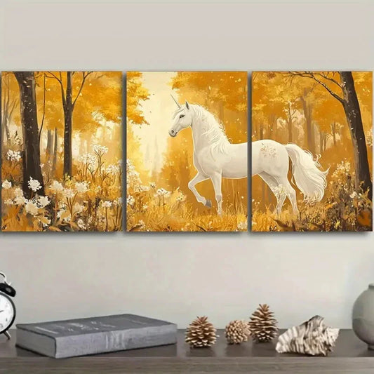 3pcs White Unicorn in An Enchanted Forest Art  Metal Print Ready to Hang Art