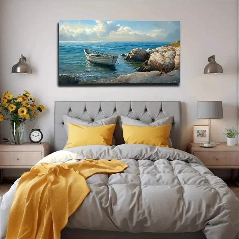 Serene White Boat Shallow Sea Wall Art Canvas Office Home Room Framed 120x60cm