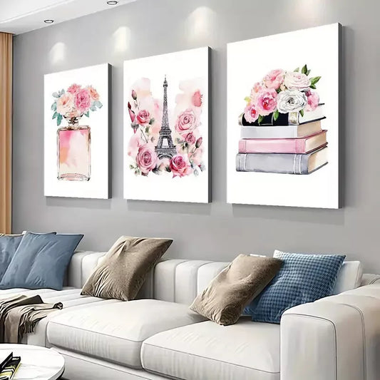 3pcs Pink Perfume & Parisian Fashion Canvas Framed 40x60cm - High Quality Print 100% Australian Made Wall Canvas Ready to Hang