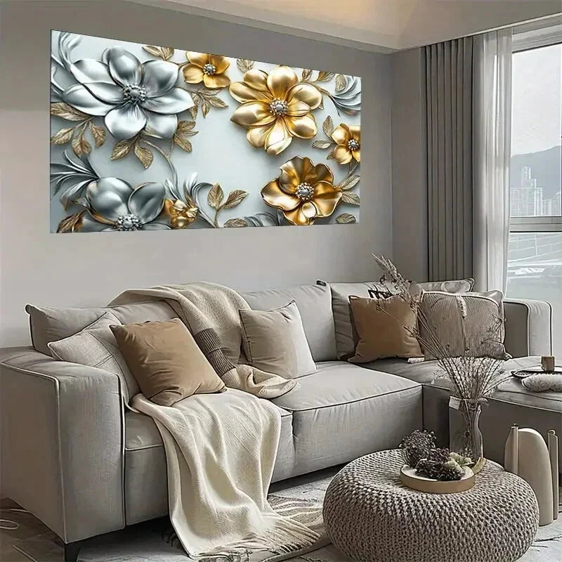 Modern Floral Golden & Silver Wall Art wall canvas office home room framed 120x60cm