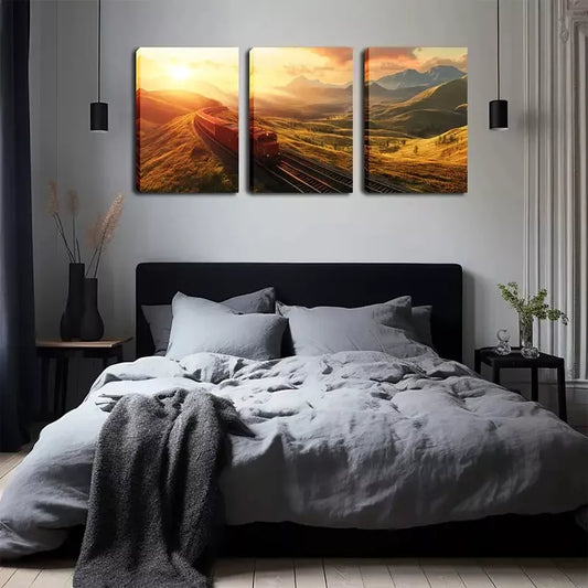 3pcs  Scenic Mountain Train Warm Sunset Landscape  Wall Art Set Canvas Framed 40x60cm - High Quality Print 100% Australian Made Wall Canvas Ready to Hang