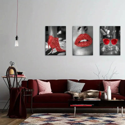 3pcs  Red Lips Fashion High Heels Fashion Metal Print Ready to Hang Art