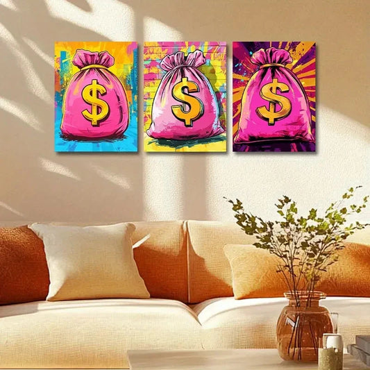 3pcs Money Bag with Vibrant $ Signs Metal Print Ready to Hang Art