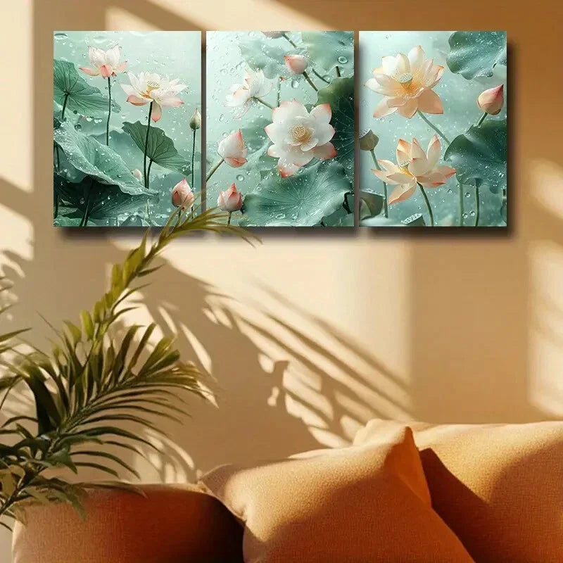 3pcs Serene Pink & White Lotus Blossoms in Water Metal Print Ready to Hang Art
