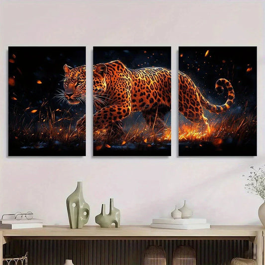 3pcs Fierce Leopard Stunning Golden Metal Print Ready to Hang Art