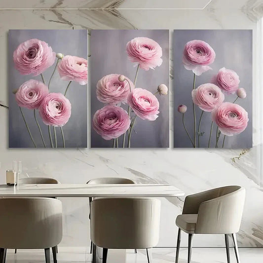 3pcs Pink Flower & White Green Branches Metal Print Ready to Hang Art