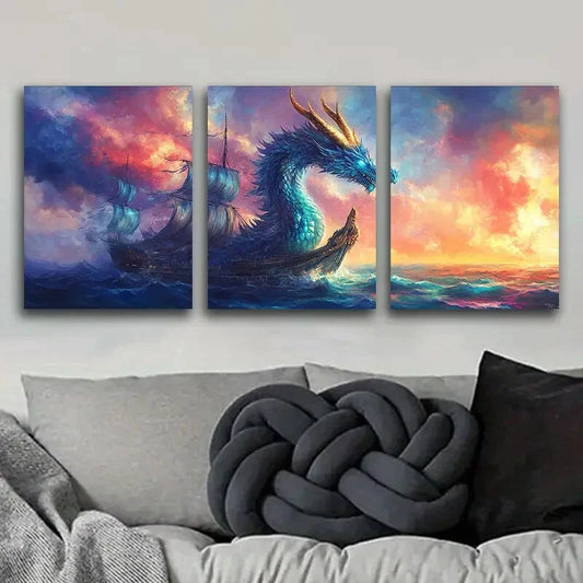 3pcs  Blue Dragon on Boat Art Deco Metal Print Ready to Hang Art