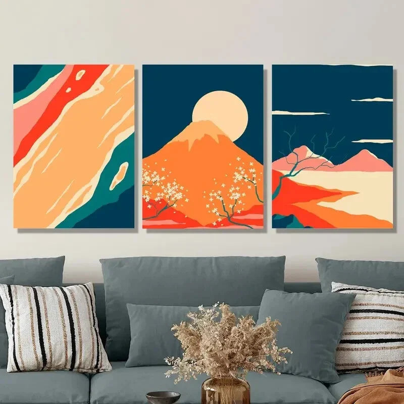 3pcs Cherry Blossom Mountain and Sun,   Metal Print Ready to Hang Art