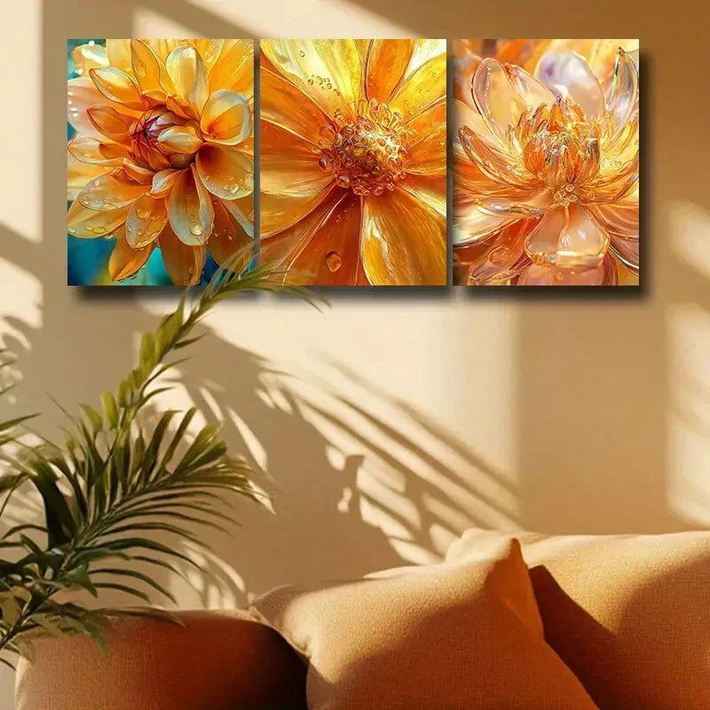 3pcs Golden Flower with Water Drops Metal Print Ready to Hang Art