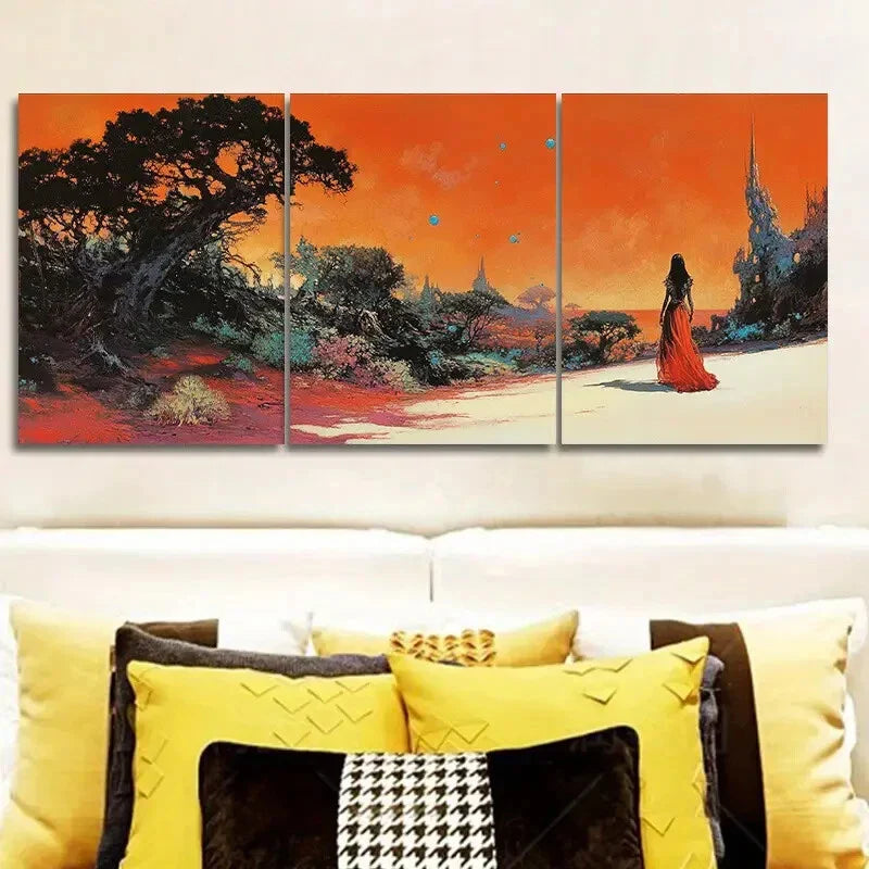 3pcs Vibrant Alien Landscape Silhouette Figure Metal Print Ready to Hang Art