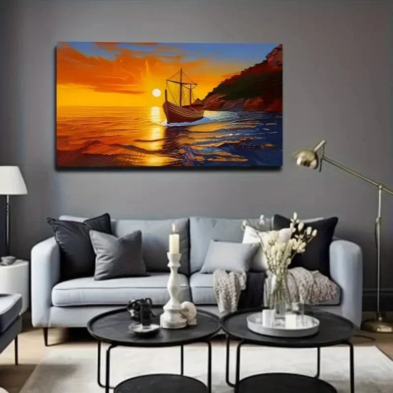 Vibrant Sunset Seascape Rustic Wall Art Canvas Office Home Room Framed 120x60cm