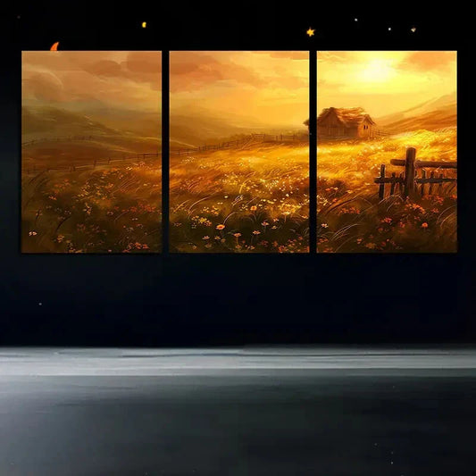 3pcs Wooden House Sunrise Nature Metal Print Ready to Hang Art