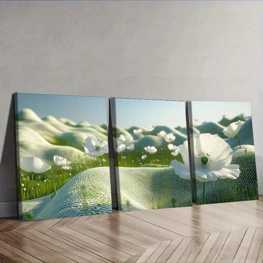 3pcs White Poppy Field Flowers Wall Art Set Canvas Framed 40x60cm - High Quality Print 100% Australian Made Wall Canvas Ready to Hang
