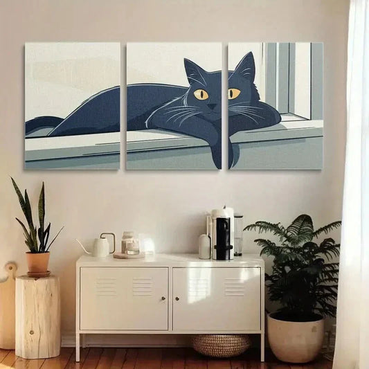 3pcs Black Cat Navy Blue & Yellow Accent Metal Print Ready to Hang Art